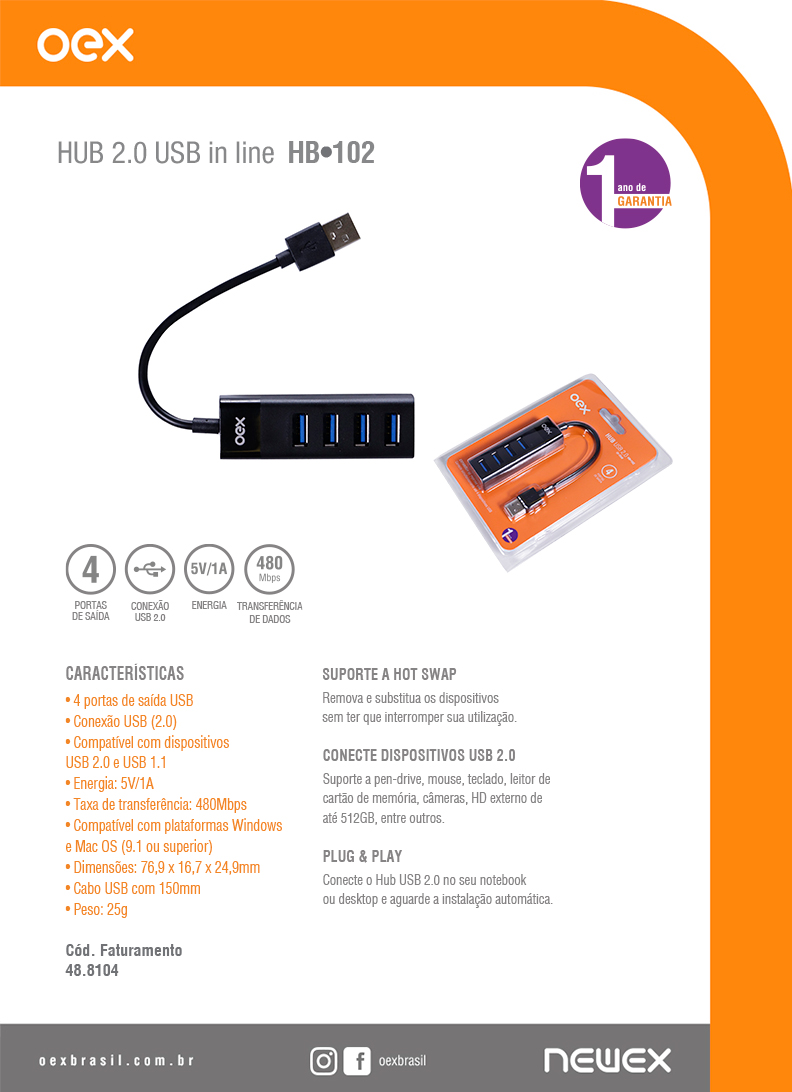 HUB  4 PORTAS USB 2.0 HB102