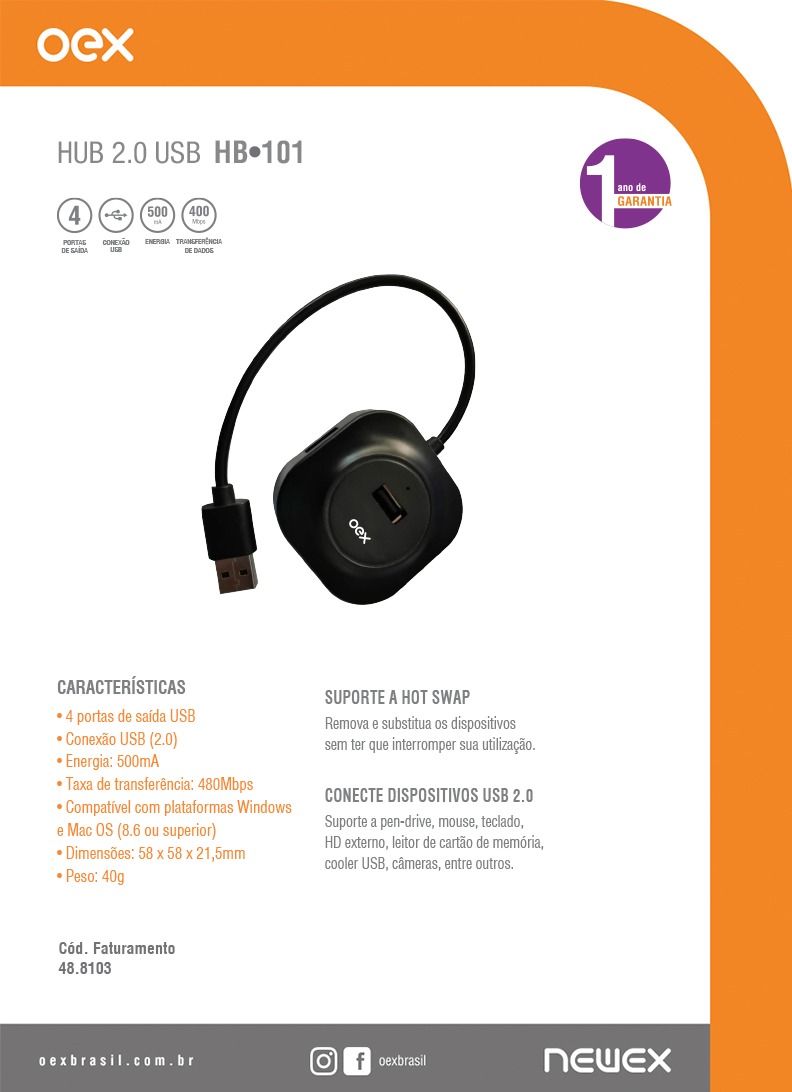 HUB  4 PORTAS USB 2.0 HB101